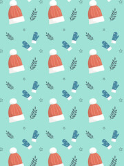 Cute winter doodle pattern with knitted hat and mittens on a colored background.
Pattern for gift wrapping