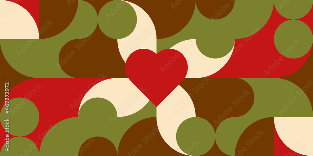 Poster Romantic vector abstract  geometric background with hearts, circles, rectangles and squares  in retro scandinavian style. Pastel colored simple shapes graphic pattern. Abstract mosaic artwork.