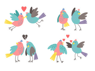 Birds love characters. Cute bird valentines, hugging chirping kissing funny spring birdie family character couple vector illustration