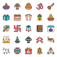 Filled outline icons for happy diwali.