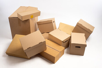 Several cardboard boxes. Boxes of different sizes. Set of boxes represent packaging materials. Concept for sale of packaging materials. Chests for packing and transportation. Cardboxes set