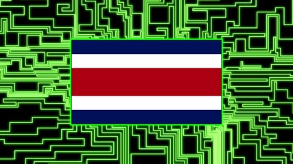 Costa Rica Flag lights up on circuit board as power reaches on a black background texture neon - Powered by Adobe