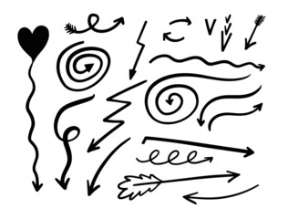 Hand drawn black color arrows set. Doodle style outline.