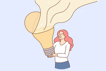 Creativity and great idea concept. Young smiling woman cartoon character standing holding huge light bulb with flying blame vector illustration 