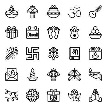 Outline icons for happy diwali.