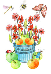 Watercolor frame of autumn flowers and twigs in baskets with apples and an umbrella .It is ideal for greeting responses, for a baby shower, for needlework and hobbies.