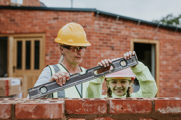Contractor mother teaching daughter construction work
