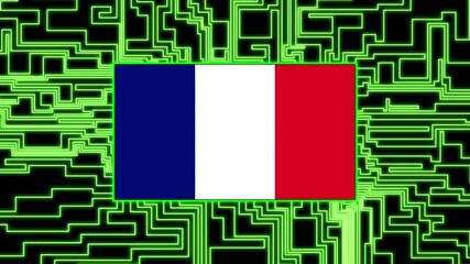 France Flag lights up on circuit board as power reaches on a black background texture neon - Powered by Adobe