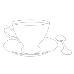 Contour of a tea cup with a spoon from black lines isolated on a white background. Vector illustration