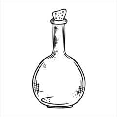  Isolated vector bottle. Line art empty transparent glass vial, bottle, jar.