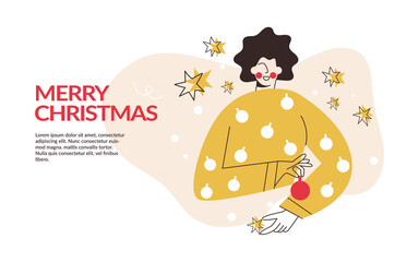Winter holidays landing page template with simple retro festive woman. Merry Christmas and Happy New Year website layout. Xmas atmosphere decoration. Simple flat line vector illustration banner