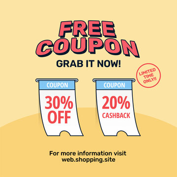 Free coupon promotion with voucher ticket roll vector illustration template design online shop social media poster