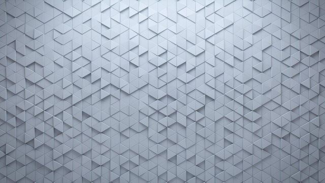 3D, Futuristic Wall background with tiles. Triangular, tile Wallpaper with Polished, White blocks. 3D Render