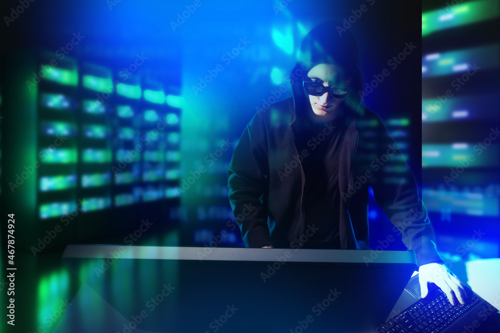 Poster an attacker penetrates server - concept. hacker breaks into server hardware. hacking telecommunicati