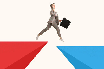 Obraz premium businesswoman is jumping. Jumping woman with phone. Happy business woman. Business change concept. Metaphor for changing direction of business. Girl manager on white background. Change of job