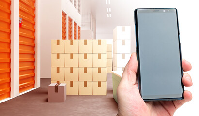 Storage Units with empty phone. Smartphone in hand of phone. Cellphone to showcase text or...