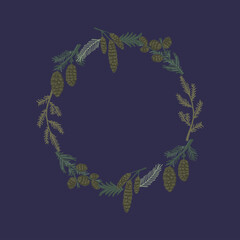 Beautiful, botanical Christmas wreath made of winter plants, branches and flowers vector decoration