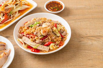 Instant noodles spicy salad on plate