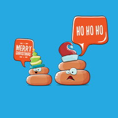 Funky christmas hand drawn greeting card. vector funny cartoon cool tiny brown poo character with santa red and his poo elf friend isolated on blue background,