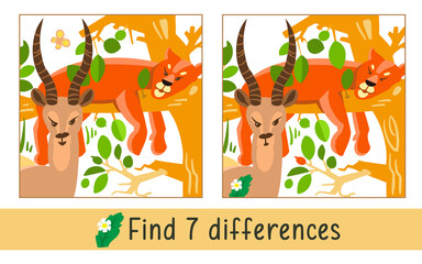 Lioness and antelope. Find 7 differences. Game for children. Activity, vector.