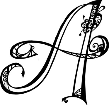 Hand drawn floral letter A in black and white doodle style. Calligraphic letter with abstract flowers. Flower letter of the alphabet. Vector illustration for wedding, greeting cards, invitation templa