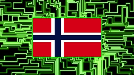 Norway Flag lights up on circuit board as power reaches on a black background texture neon - Powered by Adobe
