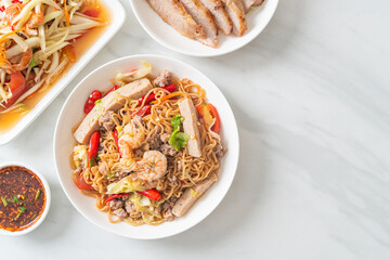 Instant noodles spicy salad on plate