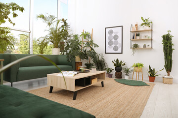 Living room interior with modern furniture and houseplants