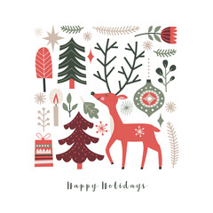 Christmas illustration. Cute deer and xmas tree - 467876193