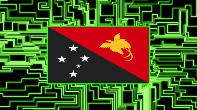 Papua New Guinea Flag lights up on circuit board as power reaches on a black background texture neon