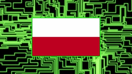 Poland Flag lights up on circuit board as power reaches on a black background texture neon - Powered by Adobe