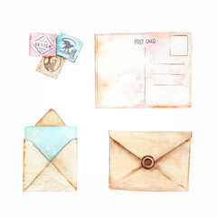 watercolor set of drawings on the theme of the post office