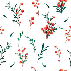 Seamless pattern with different stylized leaves and berries isolated on white background. Hand-drawn watercolor template for decoration fabric, wallpaper, wrapping paper, invitation postcards.