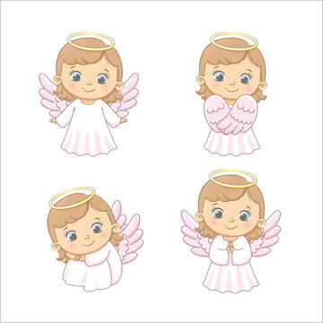 A set of cute angel girl. Vector illustration of a cartoon.