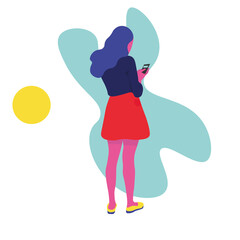 The girl looks at the smartphone. Bright illustration.