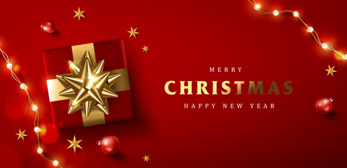 Fototapeta na wymiar Merry Christmas and happy new year promotion banner with festive decoration for christmas