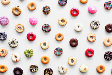 Varities of donut flavor shot in aerial view