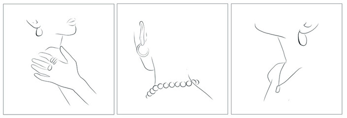 line drawings of woman with jewelry. 