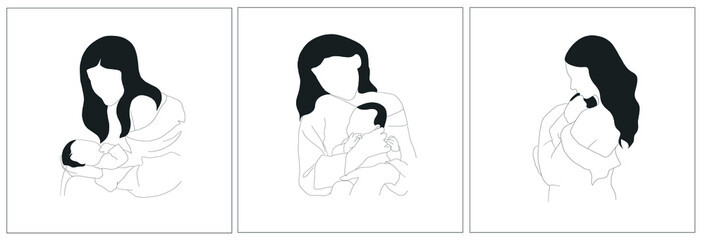 Woman holding baby. Mother and baby. Motherhood. Line hand drawing collection templates