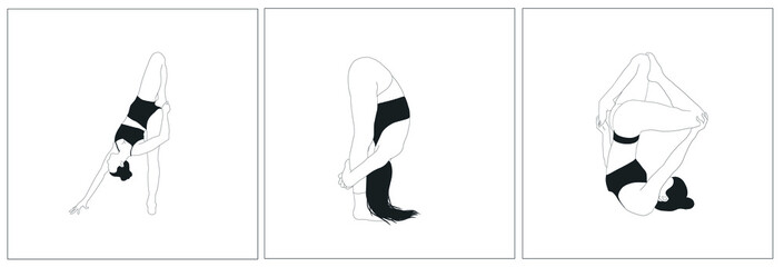 Woman doing yoga asanas. Set of posters with a girl doing sports. Stretching. Healthy lifestyle. Meditation. Hand drawn female silhouette. 