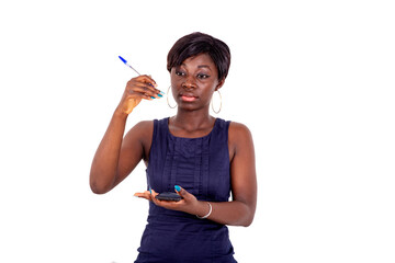 portrait of a confident young businesswoman with both hands showing a sign of tall and tall.