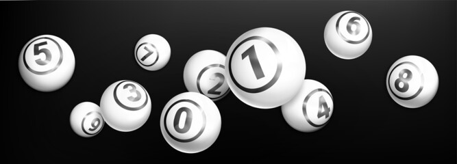 Realistic lotto white balls with numbers of winning combination. Billiard sport game or snooker. Falling lottery bingo gambling glossy spheres isolated on black background.