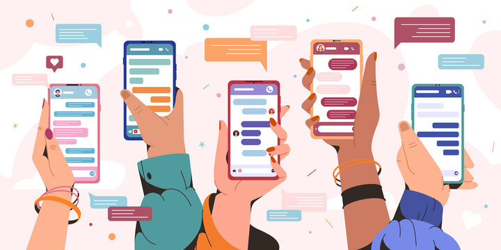 Hands holding smartphones with message chart. People chatting with friends and sending new messages. Sms bubbles boxes on mobile phone screen. Social media communication concept in flat style.