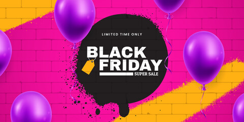 Black Friday Super Sale horizontal banner design. Brick wall with colored spots of spray paint. Flying helium balloons. Creative background for clearance sale and shopping promotion.
