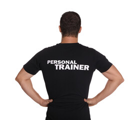 Personal trainer on white background, back view. Gym instructor