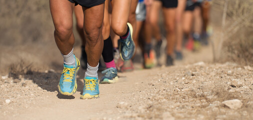 Group of young adults competition and running together through trails on the hillside outdoors in nature. People trail running on a mountain path