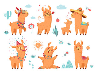 Cute llama. Alpaca characters, wool cartoon animals with flowers. Baby lama with mother, funny birthday fluffy wild alpacas, classy vector collection © LadadikArt