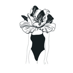 Linear Woman Figure With Flowers. Fashion Sensual Vector Illustration Of Female Body In Trendy One Linear Style. Design for t-shirts print, poster, tattoo, logo.  Abstract Art