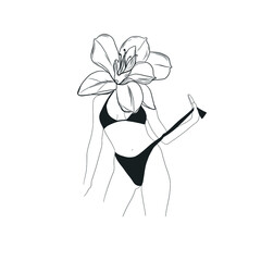 Linear Woman Figure With Flowers. Fashion Sensual Vector Illustration Of Female Body In Trendy One Linear Style. Design for t-shirts print, poster, tattoo, logo.  Abstract Art