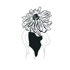 Linear Woman Figure With Flowers. Fashion Sensual Vector Illustration Of Female Body In Trendy One Linear Style. Design for t-shirts print, poster, tattoo, logo.  Abstract Art
